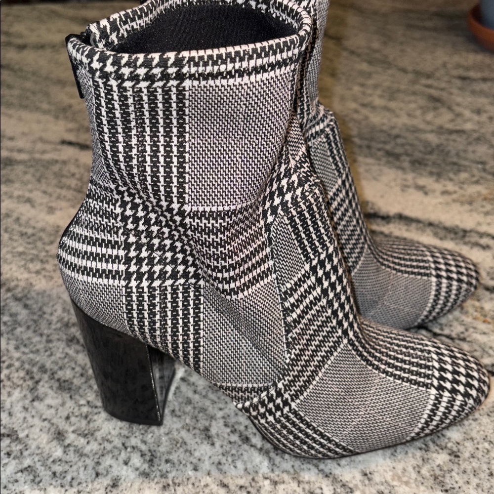 Aldo Black and White Plaid Block Heel Boots